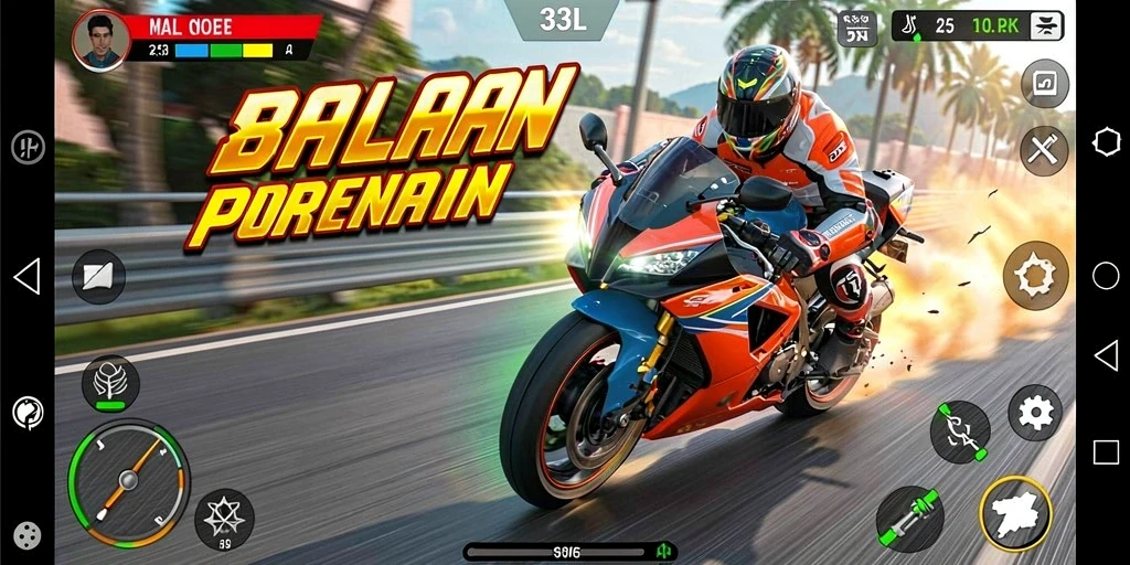 Screenshot gameplay 33L menampilkan balapan motor yang seru dan mendebarkan.