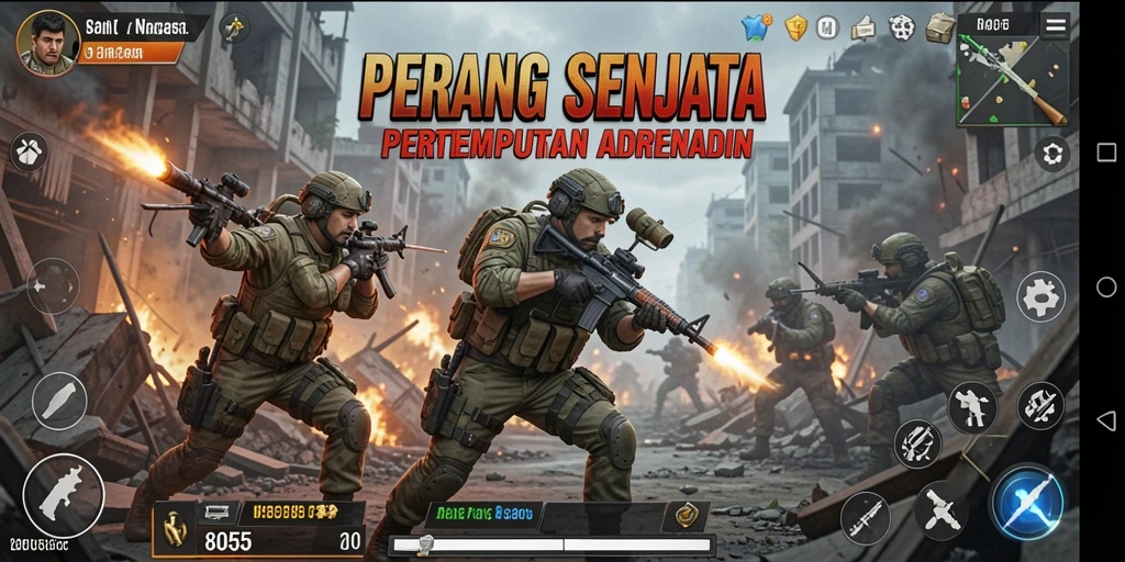Screenshot utama menampilkan pertarungan seru dalam game FPS 8055.