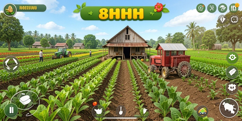 Tampilan gameplay 8HHH yang menarik dengan berbagai aktivitas pertanian.