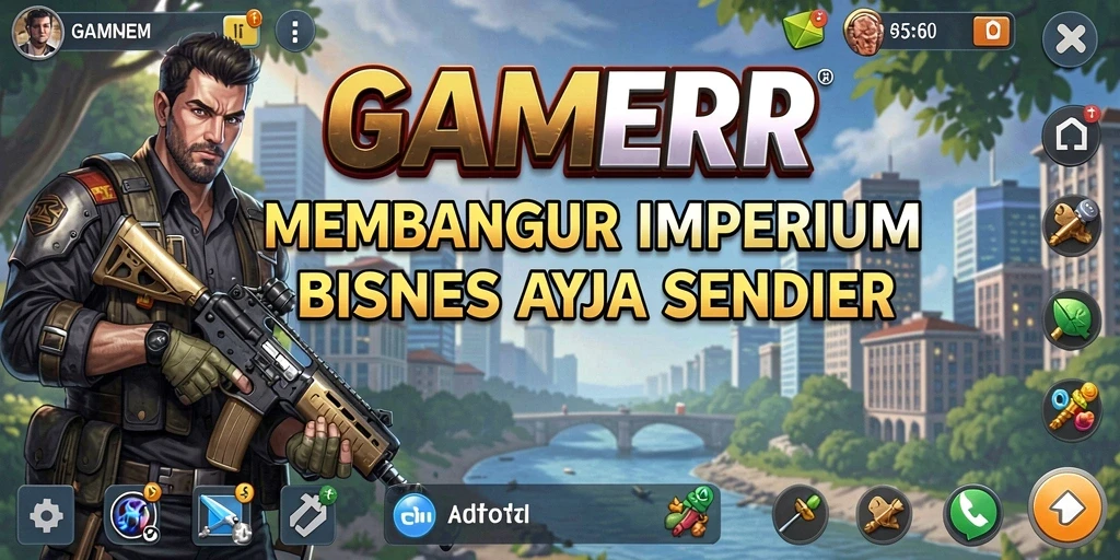 Tampilan gameplay GAMERP yang menakjubkan dengan aksi membangun bisnis.
