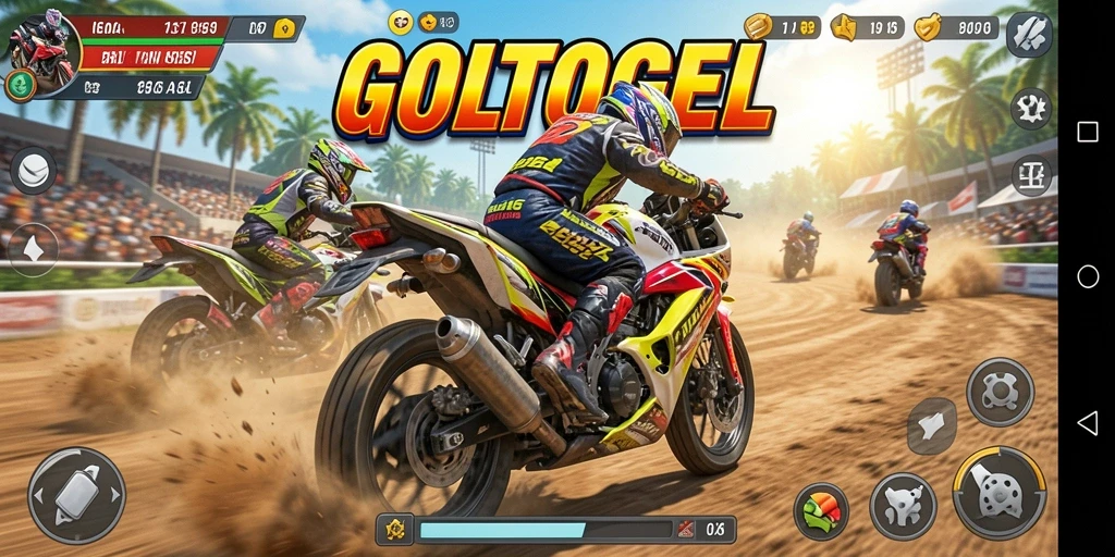 Screenshot gameplay GOLTOGEL menampilkan aksi balapan motor yang seru.