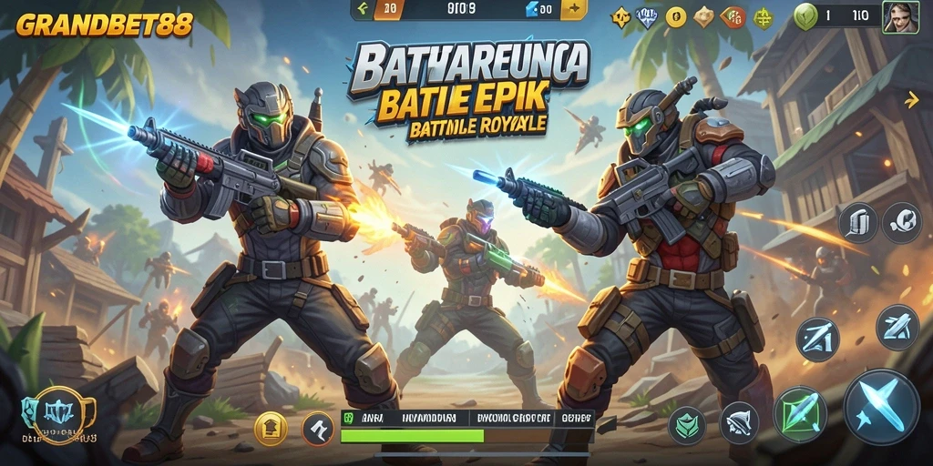 Menampilkan gameplay mendebarkan dari GRANDBET88 dalam arena Battle Royale.