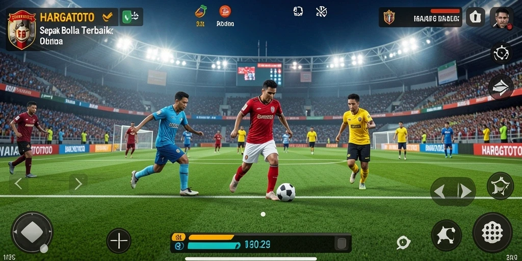 Tampilan gameplay HARGATOTO yang mendebarkan di lapangan sepak bola.