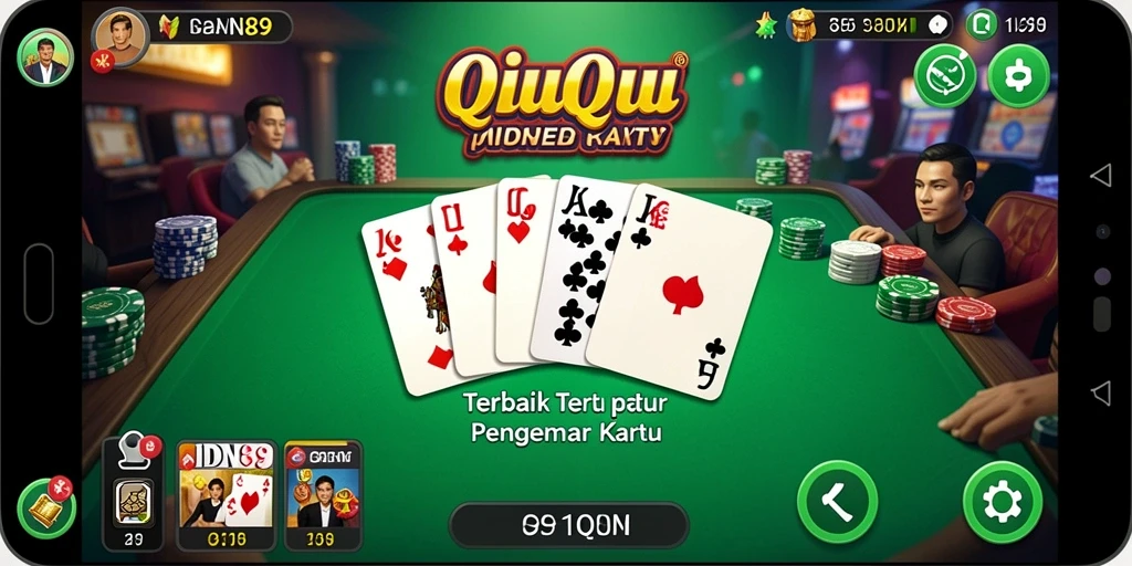 Screenshot gameplay QiuQiu menunjukkan pertarungan kartu yang seru.
