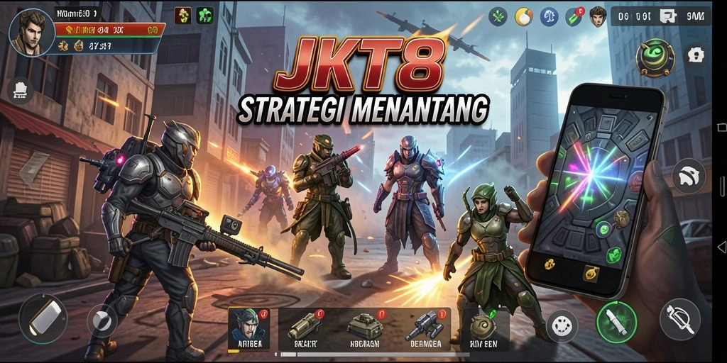 Screenshot utama JKT8 menampilkan ketegangan pertempuran strategi.