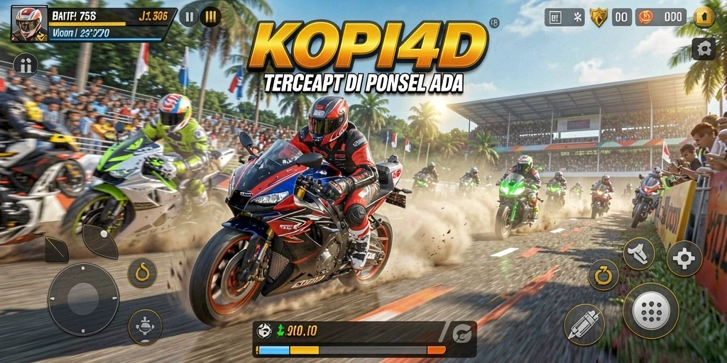 Screenshot gameplay KOPI4D menampilkan aksi balapan motor yang mendebarkan.