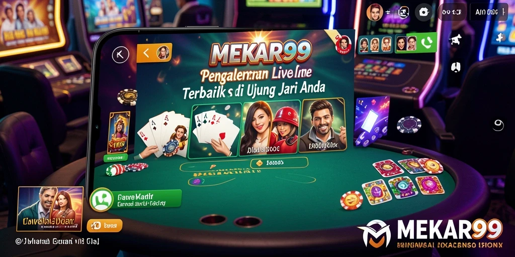 Screenshot gameplay MEKAR99 menampilkan dealer langsung yang profesional dan meja permainan yang mendebarkan.