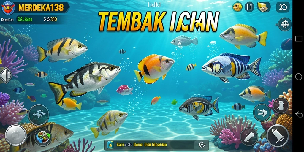 Screenshot gameplay MERDEKA138 menampilkan aksi menembak ikan yang menarik.