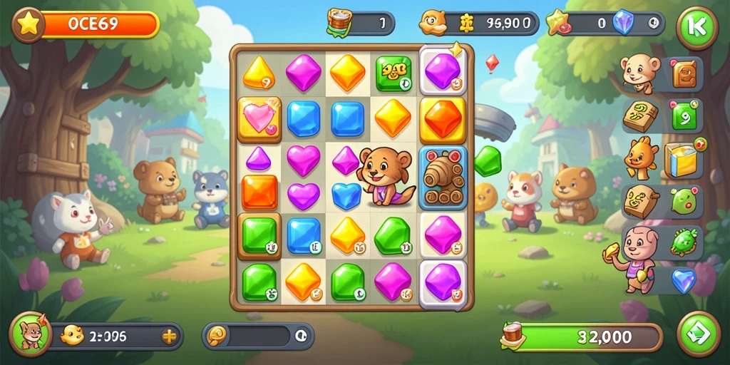Tampak layar permainan OCE69 dengan gameplay Match-3 yang seru.
