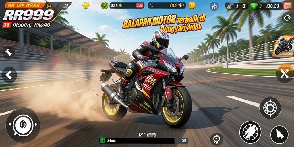 Tampilan gameplay balapan motor yang mendebarkan di RR999.