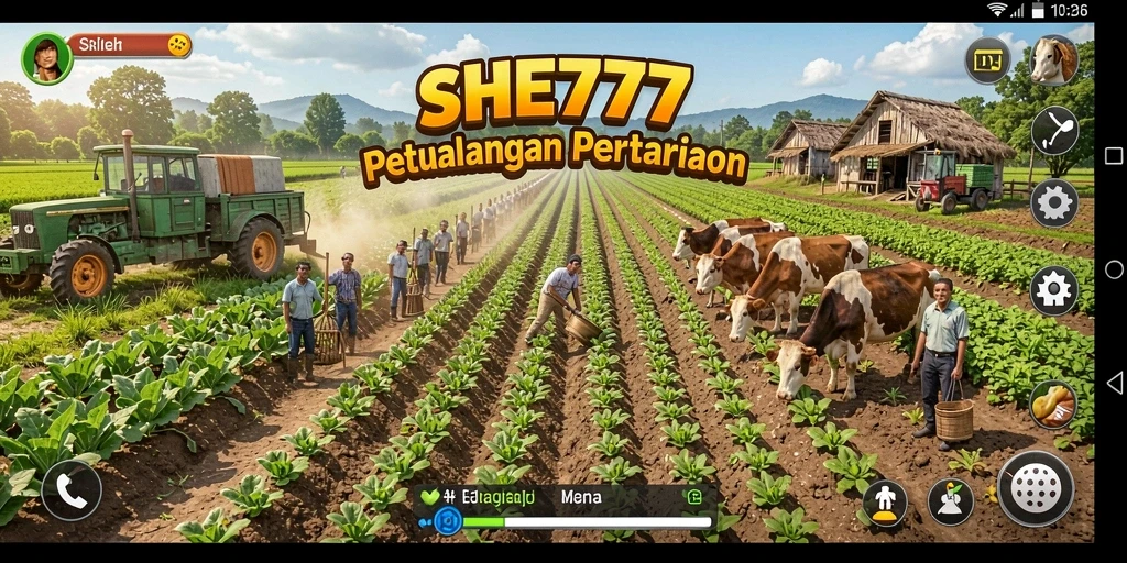 Tampilan gameplay SHE777 yang menampilkan aktivitas bertani yang menyenangkan.
