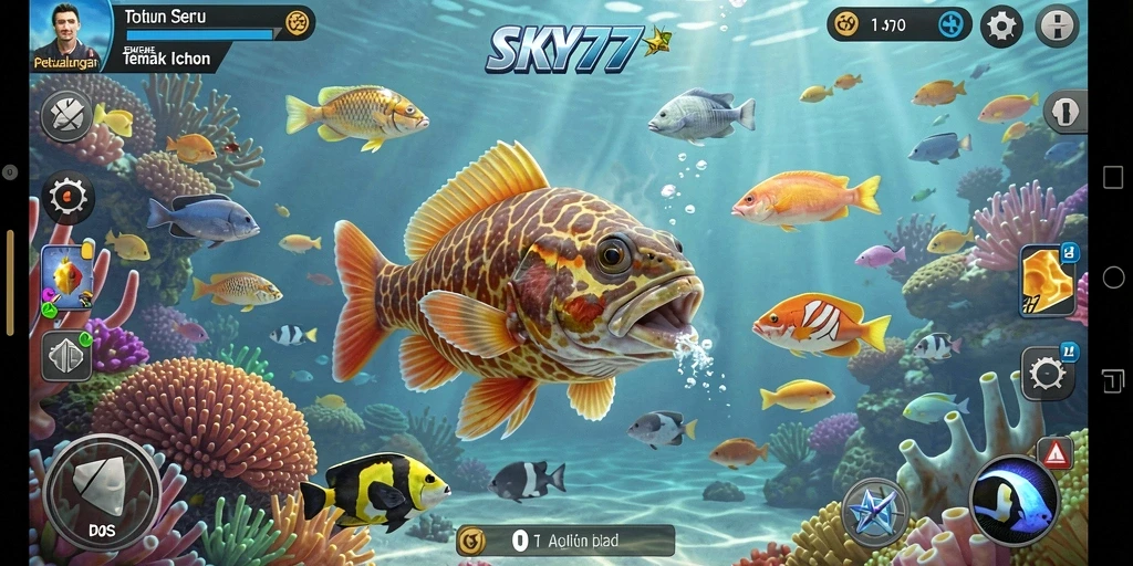 Screenshot gameplay <strong>SKY77</strong> menunjukkan aksi menembak ikan yang menegangkan.
