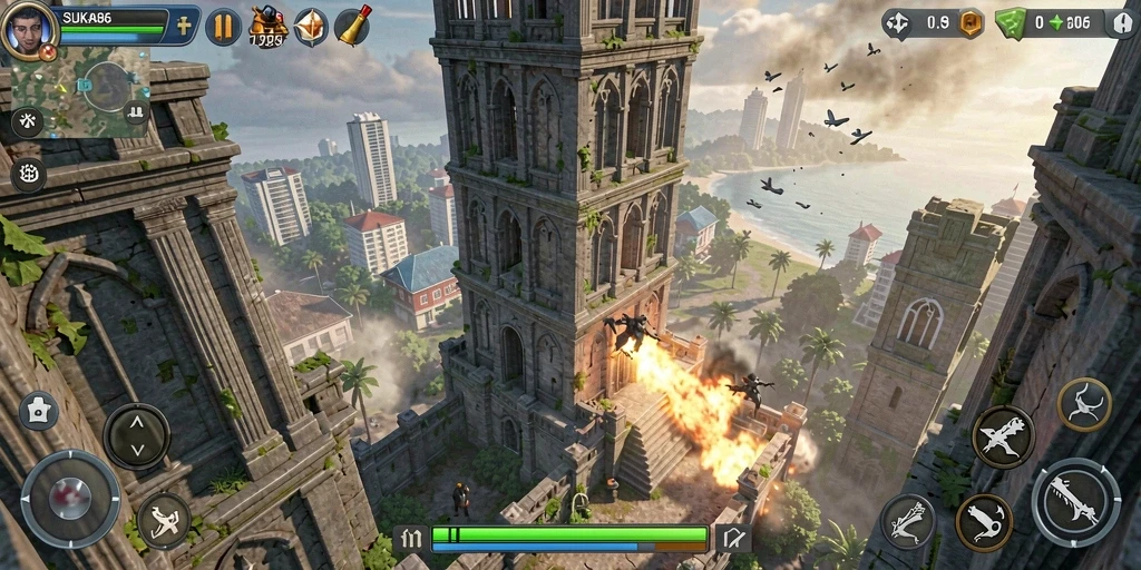 Screenshot menunjukkan aksi seru pertahanan menara di SUKA86.